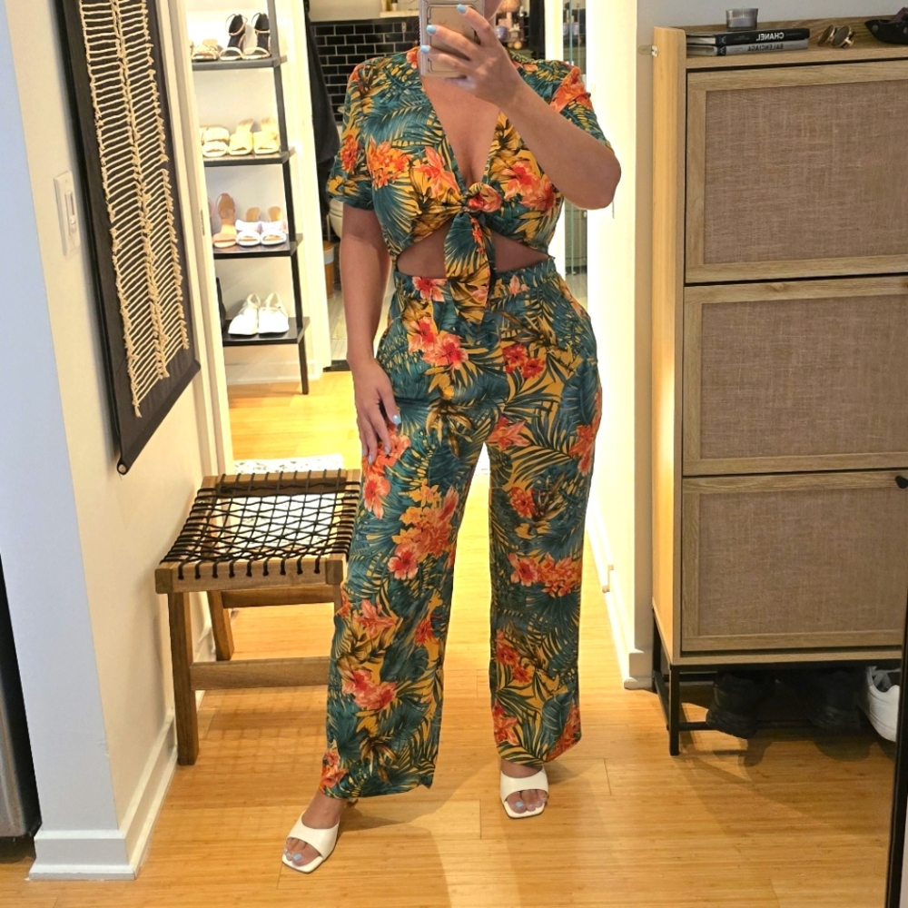 Green and Orange Tropical Print Jumpsuit with Wide-Leg Design